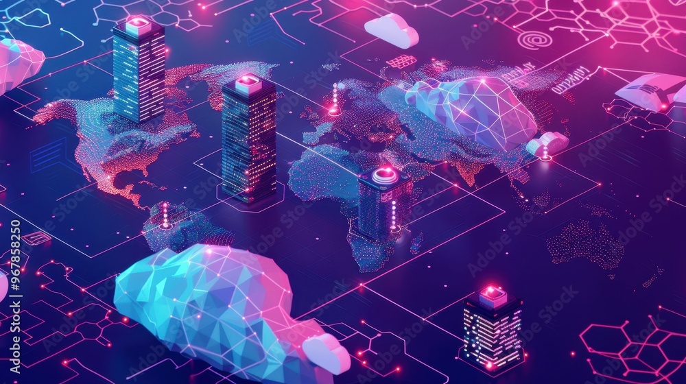 Poster abstract digital world map with glowing geometric shapes and lines.
