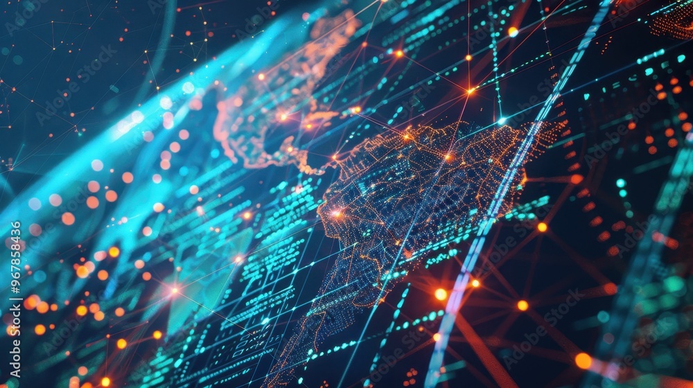 Poster abstract digital world map with glowing lines and data points, representing global connectivity and 