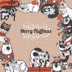 Christmas vector set of funny cats, featuring humorous designs with cats in festive outfits engaging in playful holiday activities, perfect for seasonal projects and decorations