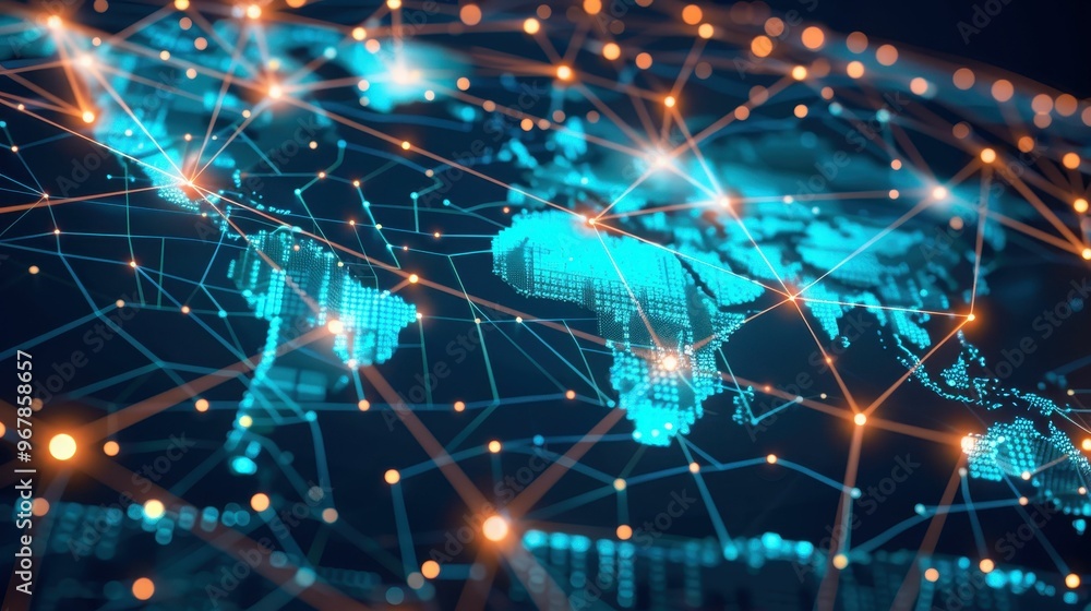 Poster abstract digital world map with glowing lines representing global connectivity and data flow.