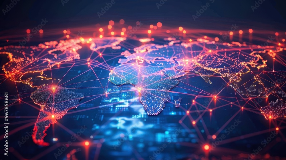 Poster abstract digital world map with glowing lines and nodes representing global network connections.