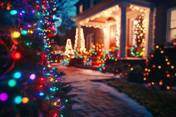 a stunning christmas lights display on a house, with colorful lights and decorations