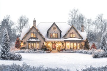 a stunning christmas lights display on a large house, with thousands of twinkling lights and festive decorations, surrounded by snow-covered trees and a frozen lawn illustration