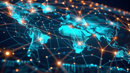 Obraz premium Abstract digital world map with glowing lines representing global connectivity and data flow.