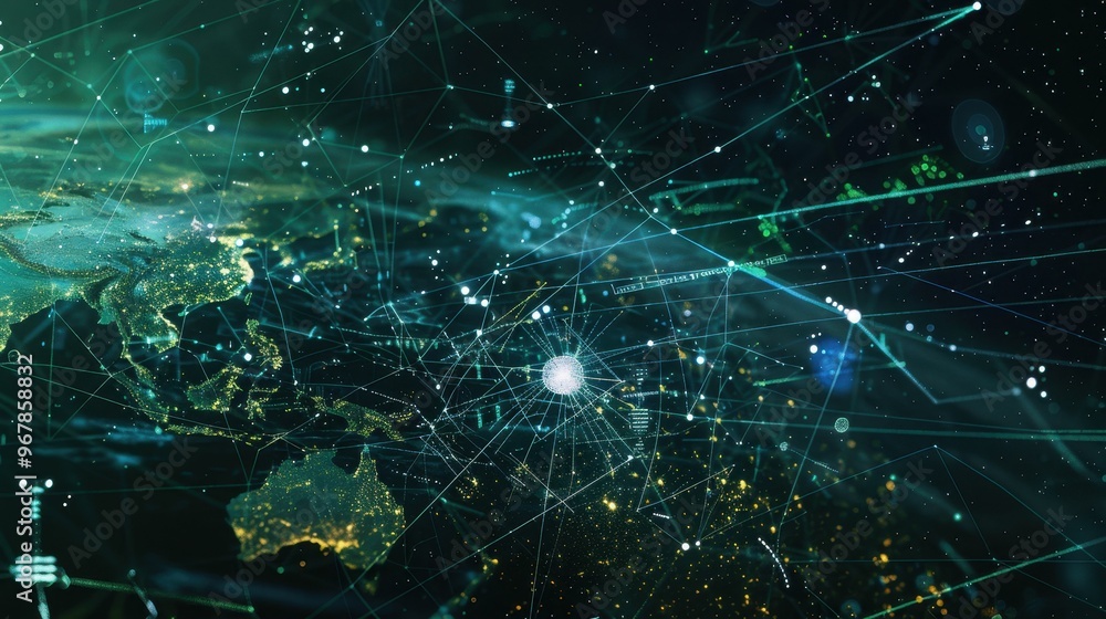 Poster abstract digital world map with glowing lines representing network connections.