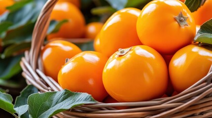 A close-up of fresh persimmons (Diospyros kaki) in a basket, with their vibrant orange skins shining