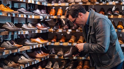 A man carefully examines a pair of leather shoes in a footwear store, surrounded by shelves filled with various formal shoes.