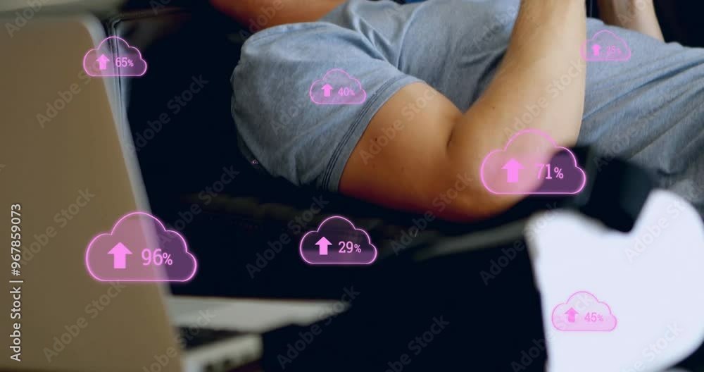Poster animation of clouds with growing numbers over caucasian man using smartphone