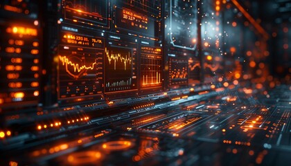 High-Tech Stock Market Education Environment, high-tech stock market education environment featuring advanced 3D holograms of financial data.