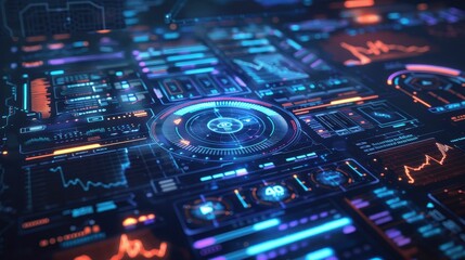 Abstract futuristic digital interface with glowing blue and orange elements.