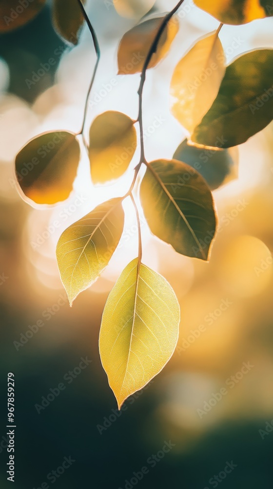 Poster close-up of leaves with sunlight filtering through, nature and tranquility concept