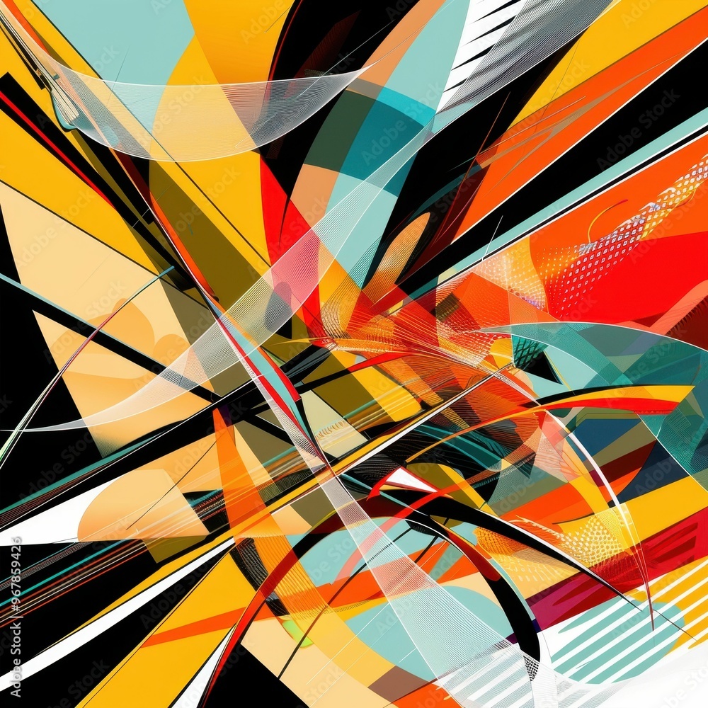 Poster abstract geometric art featuring bold colors and dynamic lines, creating a sense of movement and ene