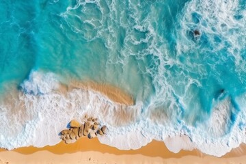 Obraz premium Aerial View of Turquoise Ocean Waves Crashing on Sandy Beach
