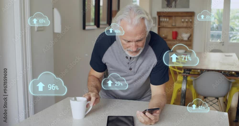 Aufkleber animation of clouds with growing numbers over senior caucasian man using smartphone