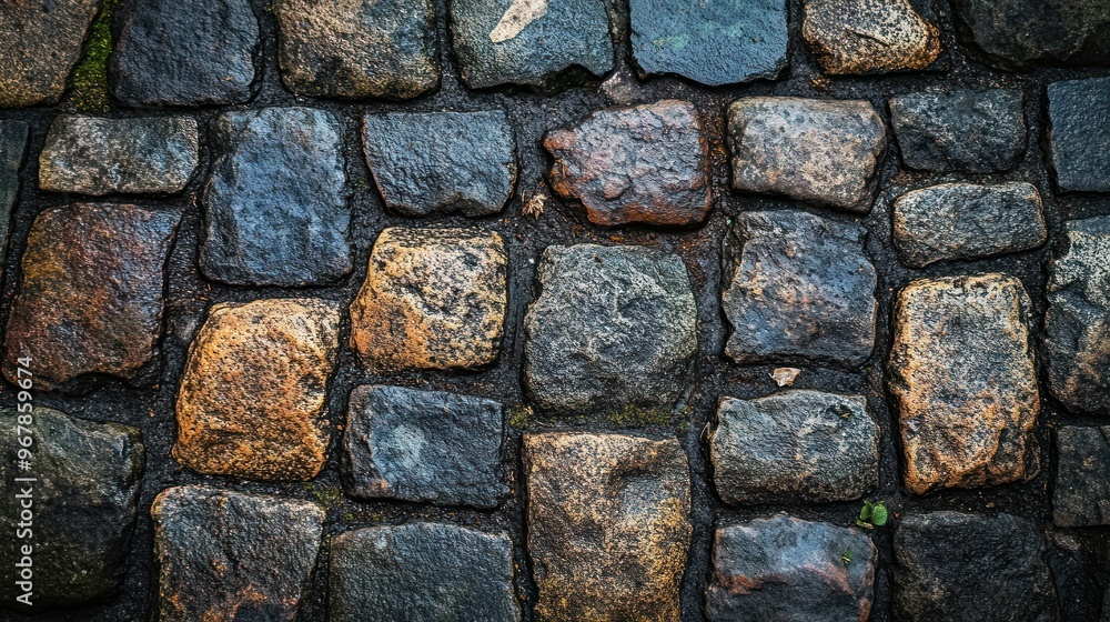 Poster a close-up view of weathered cobblestone pavement, showcasing texture and color variations.