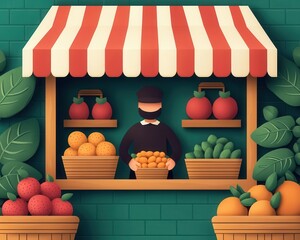 A food market stall with colorful signs advertising fresh produce and local honey, surrounded by vibrant baskets of fruits, Digital Illustration, Playful style food, market,farmers,advertising,display