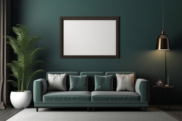 Modern Living Room Interior Design with Green Sofa and Empty Frame