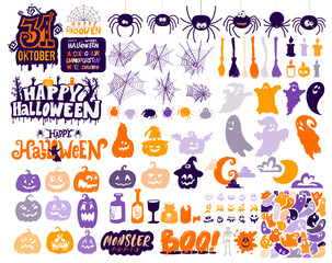 Big set of Happy Halloween Illustration. Collection of with Text Frames, Borders, and Other Decorations on White Background. Vector Halloween holidays color, Halloween pattern, card.