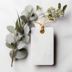 Blank Tag with Eucalyptus Branch on White Background