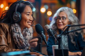 podcast from adult women grandmothers. cropped view of two radio hosts recording podcast in broadcasting studio