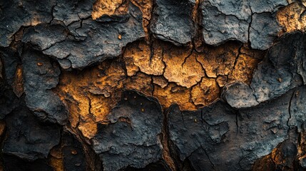 A close-up of cracked, dark soil with a warm glow highlighting the textures.