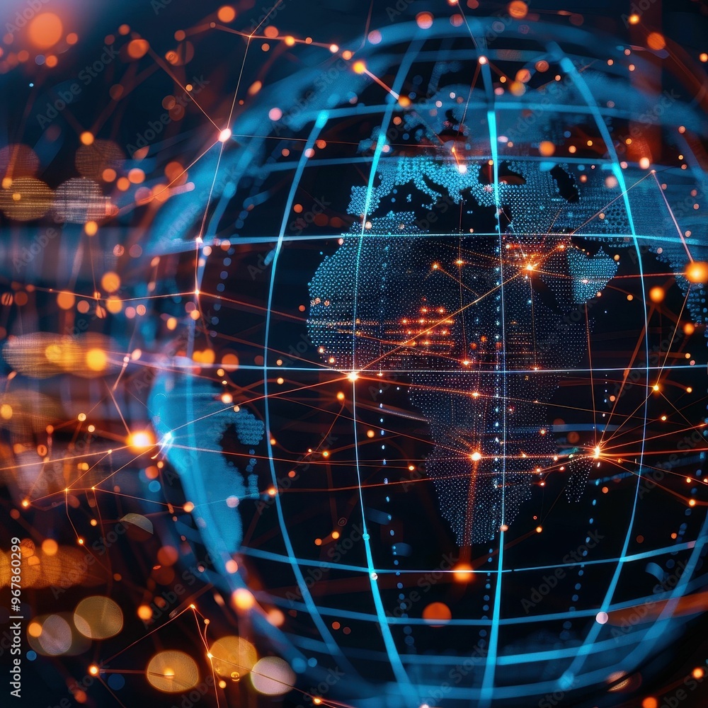 Poster abstract globe with glowing lines, representing global connection and network.