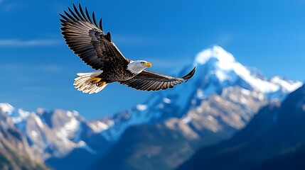 A bald eagle soars majestically over a mountain range, epitomizing freedom.