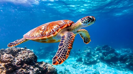 Fototapeta premium A sea turtle swims in the blue ocean with a coral reef in the background.