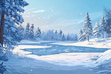 a stunning winter wonderland with snow-covered trees and a frozen lake illustration
