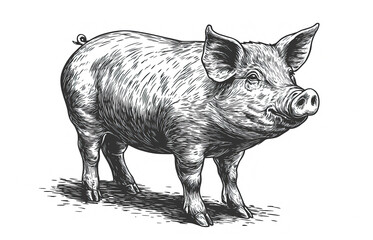 Fototapeta premium Pig, hog, boar. Vintage retro print, black white pig sketch ink pencil style drawing, linear drawing, engrave old school. Sketch artwork silhouette pig, hog, boar. Side view profile. Illustration