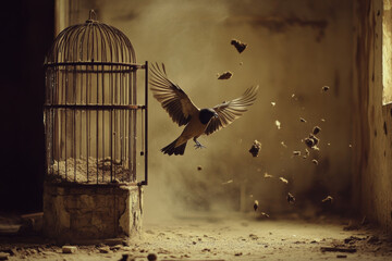 A bird flying away from an empty birdcage symbolizes freedom and liberation. scene captures essence of breaking free from confinement, evoking sense of hope and new beginnings