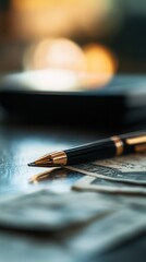 A close-up of a stylish pen resting on scattered dollar bills, symbolizing finance and business transactions.