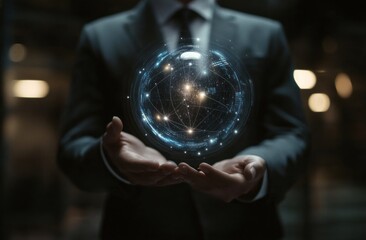 Fototapeta premium Man Holding Holographic Globe of Digital Connections