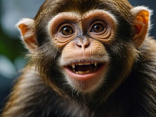 Close-up of a comical monkey with a wide grin, space for text.