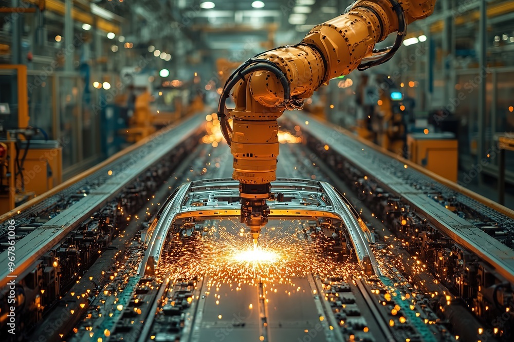 Aufkleber close-up view of a robotic arm working in a modern car factory. smart industry concept using high te