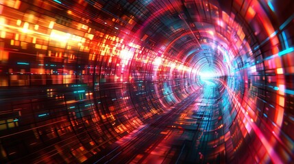 Fototapeta premium Innovative abstract tunnel, algorithmic transformation, network systems and reality fusion, dynamic digital background