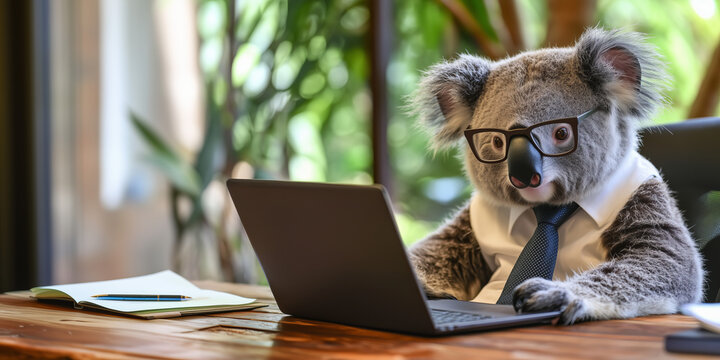 Funny cute business Koala animal wearing glasses and tie working on laptop computer at office.