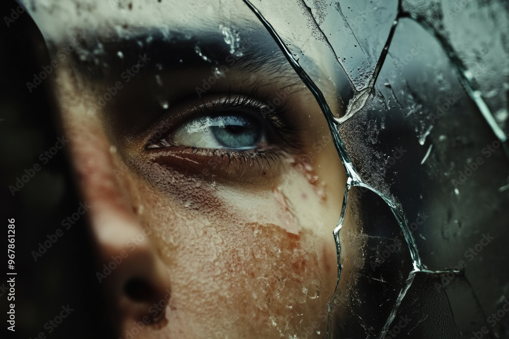 Poster a broken mirror reflects tearful face, capturing moment of vulnerability and emotional depth. eye ga