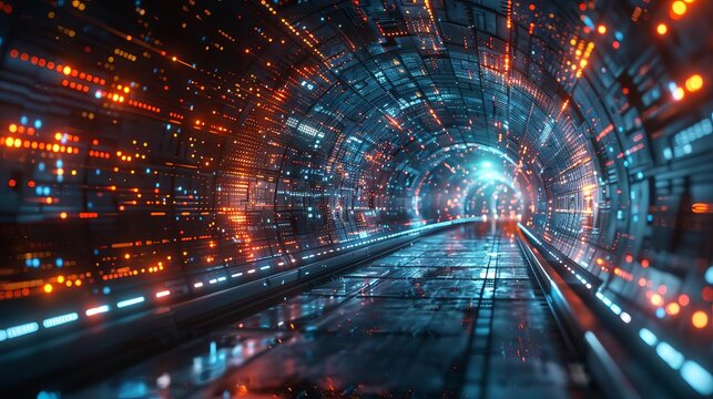 Tunnel background, connectivity and data flow, adaptive intelligence, cognitive network design, futuristic aesthetics