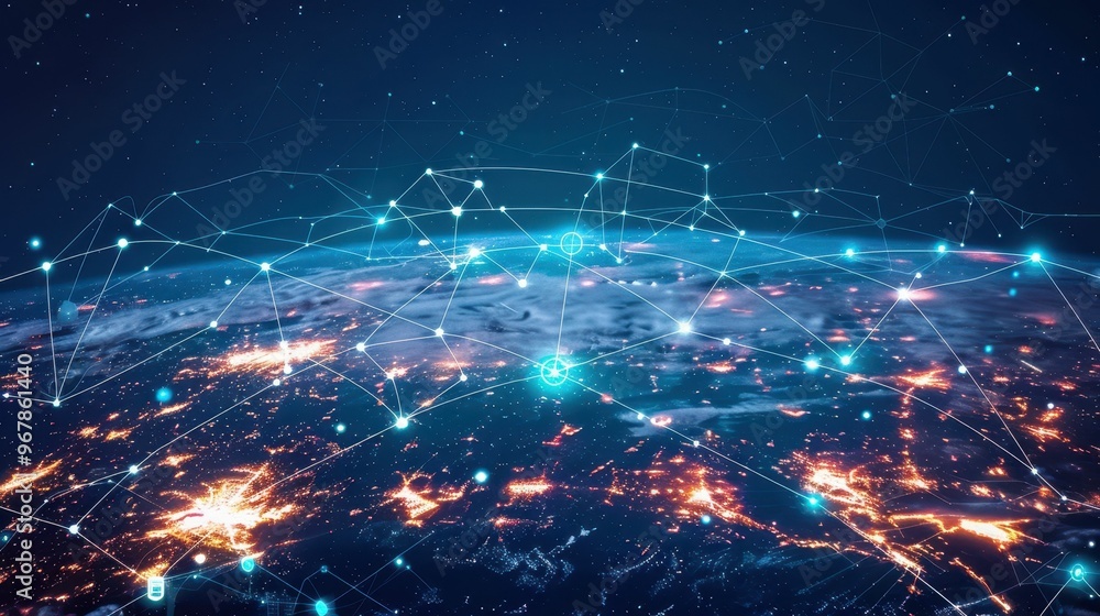 Poster abstract image of a glowing earth with interconnected lines, representing global communication and n