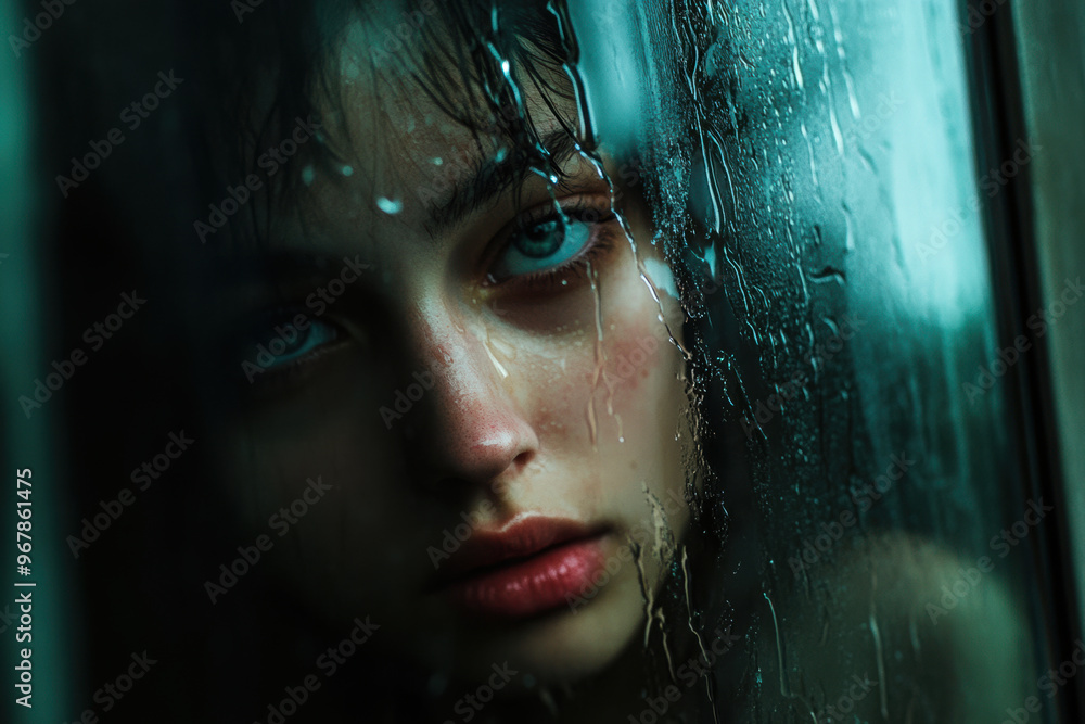Poster a tearful face is reflected in broken mirror, capturing moment of vulnerability and introspection. r
