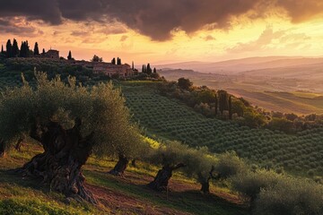 Obraz premium Sunset Over Tuscany: Rolling Hills and Scenic Olive Groves with Very Old, Gnarled Trees Creating a Serene Rural Vista