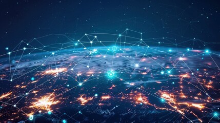 Abstract image of a glowing Earth with interconnected lines, representing global communication and networks.