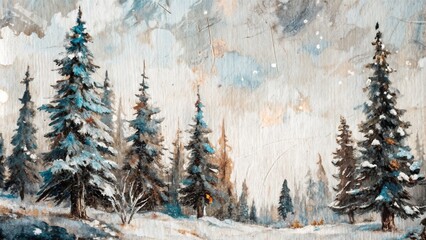 Painting of a snowy forest landscape with pine trees for art print
