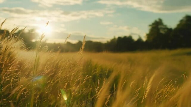 grassland at sunset time  summer season, grass field sway in gentle wind