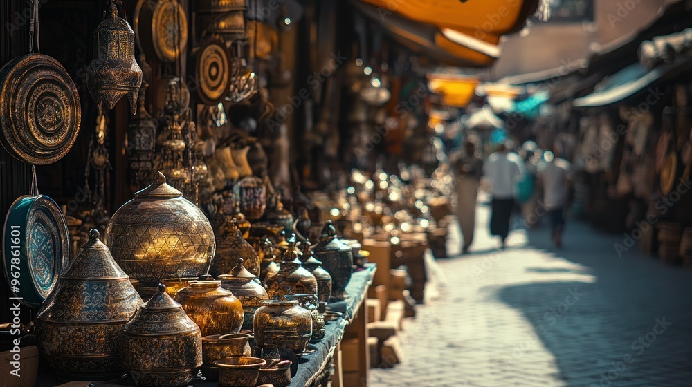 Poster A vibrant marketplace filled with intricate metalwork and pottery, bustling with activity.