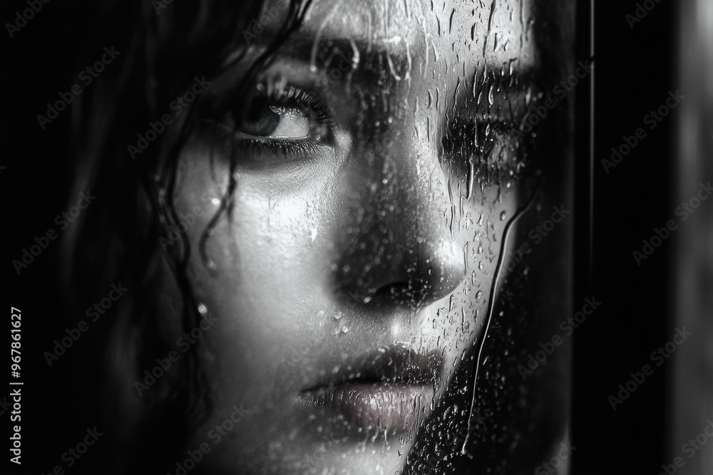 Poster a tearful face is reflected in broken mirror, surrounded by raindrops, evoking sense of sadness and 