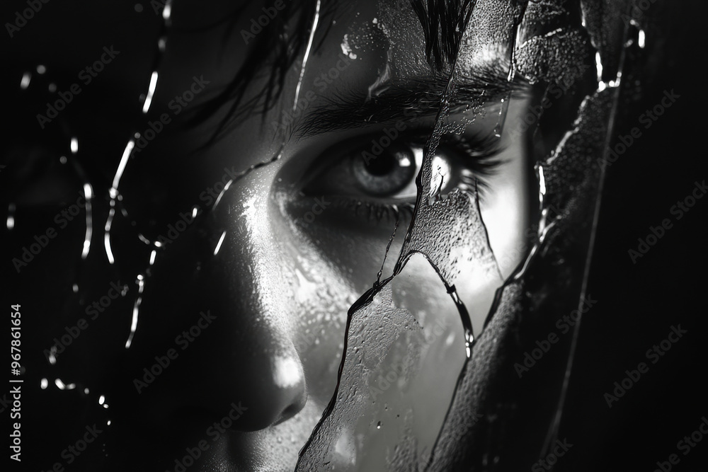Poster a broken mirror reflects tearful face, capturing moment of vulnerability and introspection. interpla