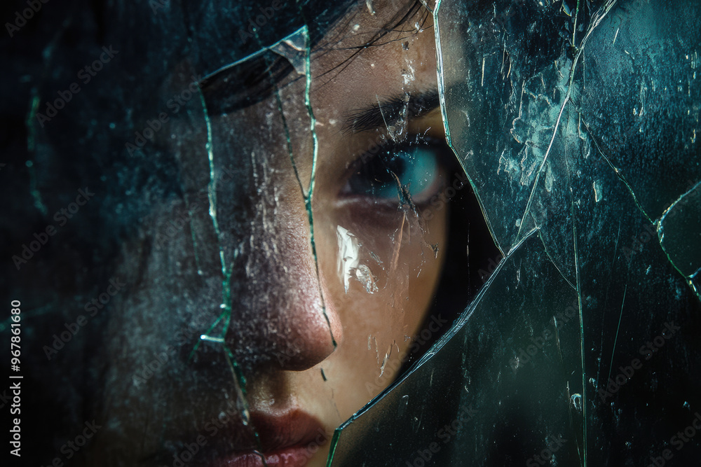 Poster a broken mirror reflects tearful face, capturing moment of vulnerability and introspection. fragment