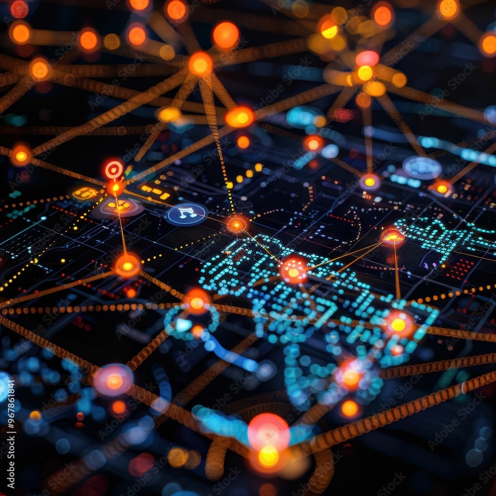 Poster abstract network of glowing lines and dots, representing connections and data flow.
